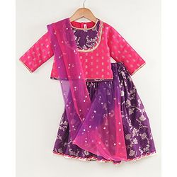 Babyhug Woven Three Fourth Sleeves Choli With Lehenga And Dupatta Brocade Detailing - Purple