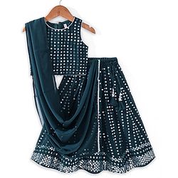 Babyhug Sleeveless Sequin Embroidered Lehenga Choli Duatta Set - Teal
