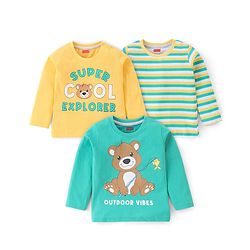 Babyhug 100% Cotton Full Sleeves T-Shirts with Bear Print & Striped Pack of 3 - Blue & Yellow