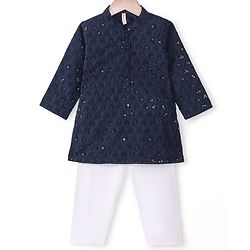 Babyhug Woven Full Sleeves Kurta Pyjama Set With Sequenced Embroidery - Navy Blue