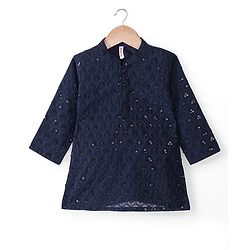 Babyhug Woven Full Sleeves Kurta Pyjama Set With Sequenced Embroidery - Navy Blue