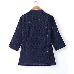 Babyhug Woven Full Sleeves Kurta Pyjama Set With Sequenced Embroidery - Navy Blue
