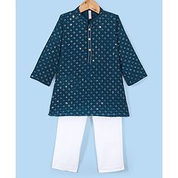 Babyhug Full Sleeves  Sequenced Embroidered Kurta & Pyjama Set  - Teal Blue