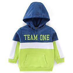 Babyhug Cotton Knit Full Sleeves Text Graphics Hooded Sweatshirt - Navy & Lime Green