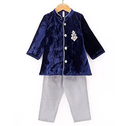 Babyhug Velvet Woven Full Sleeves Embroidered Kurta & Pajama Set - Navy Blue