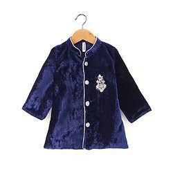 Babyhug Velvet Woven Full Sleeves Embroidered Kurta & Pajama Set - Navy Blue