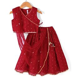 Babyhug Sleveless Chanderi Butti Angarkha Choli with Lehenga and Dupatta - Red