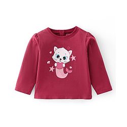 Babyhug Cotton Knit Full Sleeves T-Shirt with Kitty Graphics Print - Maroon