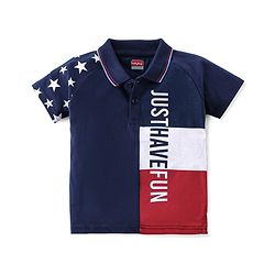 Babyhug Cotton Knit Half Sleeves Polo T-Shirt Star & Text Graphics- Navy Blue