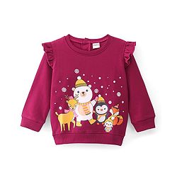 Babyhug 100% Cotton Knit Full Frill Sleeves Sweatshirt with Christmas Themed Graphics - Maroon