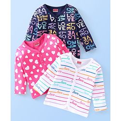 Babyhug 100% Cotton Knit Full Sleeves Heart Print Front Open Vest Pack of 3 - Multicolour