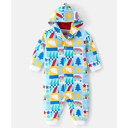 Babyhug 100% Cotton Knit Full Sleeves Hooded Romper Scenery Print - Blue