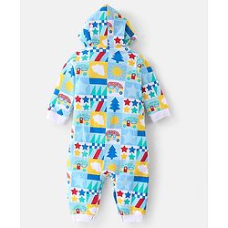 Babyhug 100% Cotton Knit Full Sleeves Hooded Romper Scenery Print - Blue