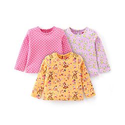 Babyhug Cotton Knit Full Sleeves Fawn & Floral Print T-Shirts Pack of 3 - Pink Purple & Yellow