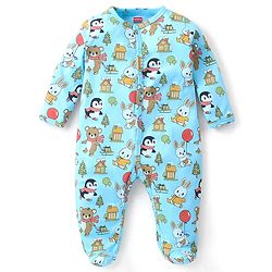 Babyhug Cotton Knit Full Sleeves Footed Sleep Suit Penguin & Bunny Print - Blue