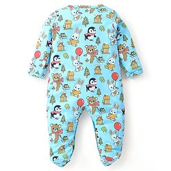 Babyhug Cotton Knit Full Sleeves Footed Sleep Suit Penguin & Bunny Print - Blue
