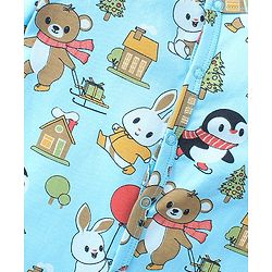 Babyhug Cotton Knit Full Sleeves Footed Sleep Suit Penguin & Bunny Print - Blue
