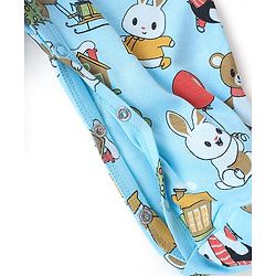 Babyhug Cotton Knit Full Sleeves Footed Sleep Suit Penguin & Bunny Print - Blue