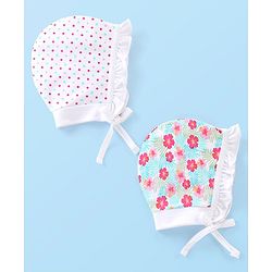 Babyhug 100% Cotton Knit Floral & Polka Dots Printed Cap Pack of 2- Multicolour