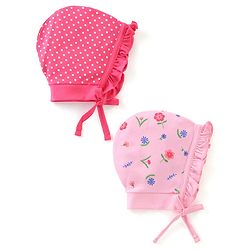 Babyhug 100% Cotton Caps With Foral & Polka Dots Print Pack Of 2 - Pink
