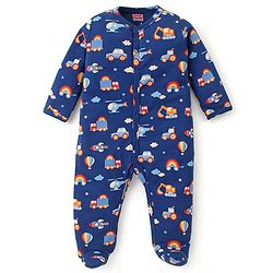 Babyhug Cotton Knit Full Sleeves Footed Sleep Suit Construction Vehicle Print - Navy Blue
