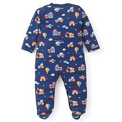 Babyhug Cotton Knit Full Sleeves Footed Sleep Suit Construction Vehicle Print - Navy Blue