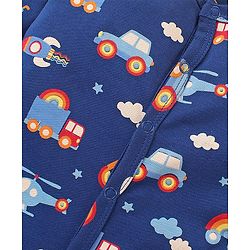 Babyhug Cotton Knit Full Sleeves Footed Sleep Suit Construction Vehicle Print - Navy Blue