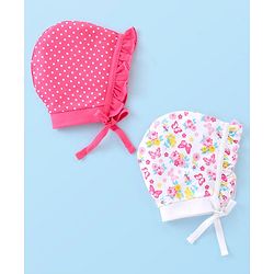 Babyhug 100% Cotton Caps Printed Pack of 2 Pink & White - Diameter 16 cm