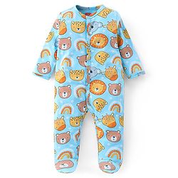 Babyhug Cotton Knit Interlock Full Sleeves Footed Sleep Suit With Wild Animals Print - Blue