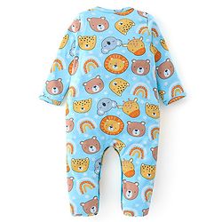Babyhug Cotton Knit Interlock Full Sleeves Footed Sleep Suit With Wild Animals Print - Blue