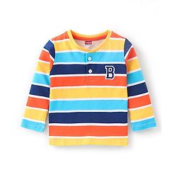 Babyhug 100% Cotton Knit Full Sleeves T-Shirt Striped - Blue Yellow & Red