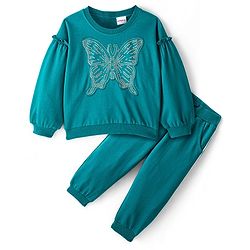 Babyhug Full Sleeves Top with Butterfly Applique with Studs & Lounge Pant - Ocean Green