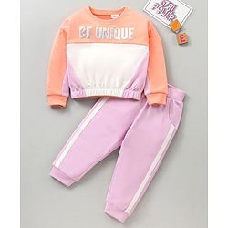 Babyhug 100% Cotton Terry Knit Full Sleeves Top and Lounge Pant Set Be Unique Print - Orange & Lilac
