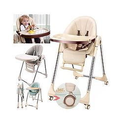 Babyhug Multifunctional Portable High Chair with 5 Level Height Adjustment -Beige| Compact Fold| Removable Wheels with Lock| Removable Double Food Tray| Cushion Seat