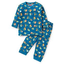 Babyhug Cotton Knit Full Sleeves Night Suit With Text Print - Blue
