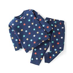 Babyhug Cotton Knit Full Sleeves Night Suit With Star Print - Navy Blue