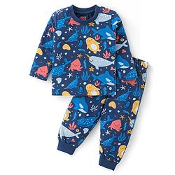 Babyhug Cotton Knit Full Sleeves Night Suit With Marine Life Print - Navy Blue