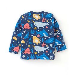 Babyhug Cotton Knit Full Sleeves Night Suit With Marine Life Print - Navy Blue
