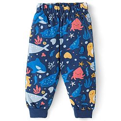 Babyhug Cotton Knit Full Sleeves Night Suit With Marine Life Print - Navy Blue