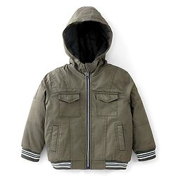 Babyhug Full Sleeves Solid Colored Hooded Bomber Jacket with Pockets - Olive