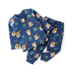 Babyhug Cotton Knit Full Sleeves Night Suit With Tiger Print - Navy Blue