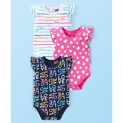 Babyhug 100% Cotton Interlock Cap Sleeves Onesies Love Print Pack of 3 - Multicolor
