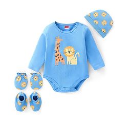 Babyhug 100% Cotton Full Sleeves Lion Printed Onesies with Cap Mittens & Booties - Blue