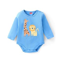 Babyhug 100% Cotton Full Sleeves Lion Printed Onesies with Cap Mittens & Booties - Blue