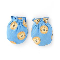 Babyhug 100% Cotton Full Sleeves Lion Printed Onesies with Cap Mittens & Booties - Blue