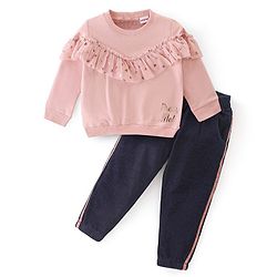 Babyhug 100% Cotton Knit Full Sleeves Top & Legging Set Heart Print - Pink & Blue