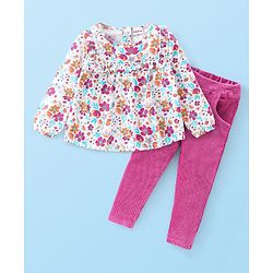 Babyhug 100% Cotton Knit Full Sleeves Top & Corduroy Jegging With Floral Print - White & Purple