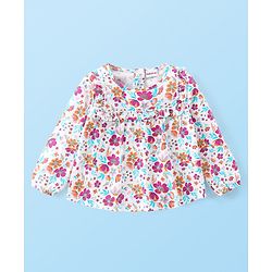 Babyhug 100% Cotton Knit Full Sleeves Top & Corduroy Jegging With Floral Print - White & Purple