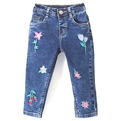 Babyhug Denim Washed Full Length Stretchable Jeans With Floral Embroidery - Blue