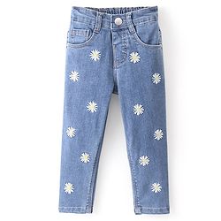 Babyhug Denim Full Length Washed Jeans With Stretch & Floral Embroidery -  Blue